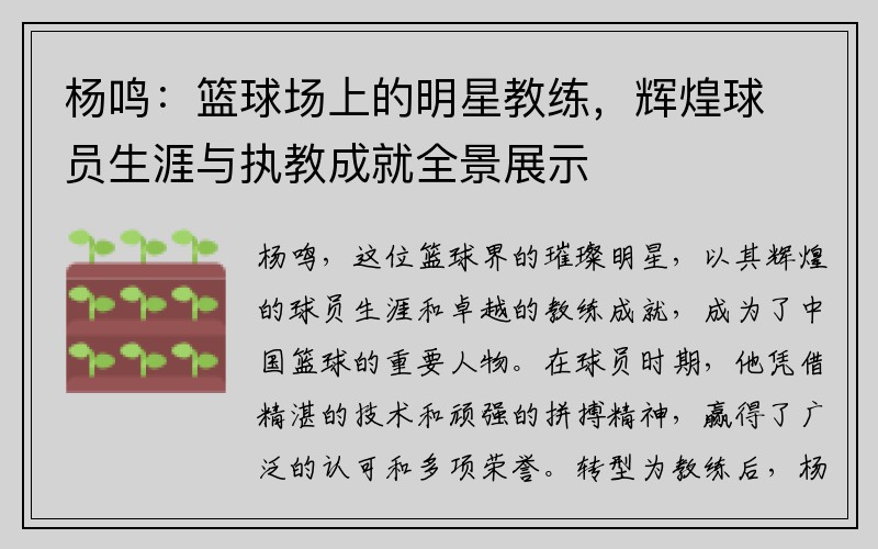 杨鸣：篮球场上的明星教练，辉煌球员生涯与执教成就全景展示