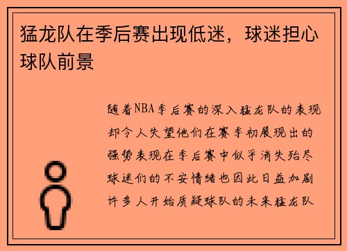 猛龙队在季后赛出现低迷，球迷担心球队前景